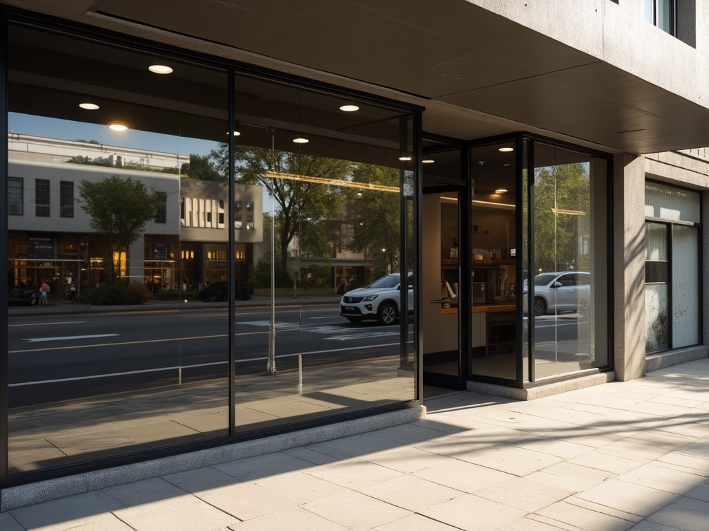 Crystal-clear shopfront windows reflecting a sunny Canberra street, with spotless glass panels and neat window frames.